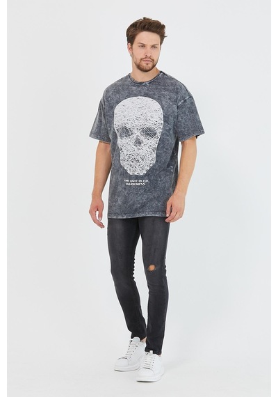 Erkek Parça Boya Baskılı Oversize Basic T-shirt Antrasit