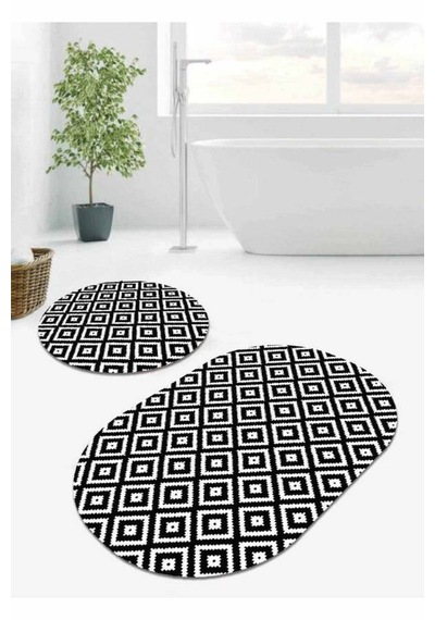 Siyah Karo Desen Banyo Halısı Klozet Oval Paspas Seti Bs073n11