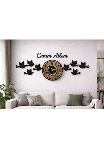 Modern Duvar Saati 40 Cm Kuş Temalı Canım Ailem Yazılı No20013 Çok Renkli