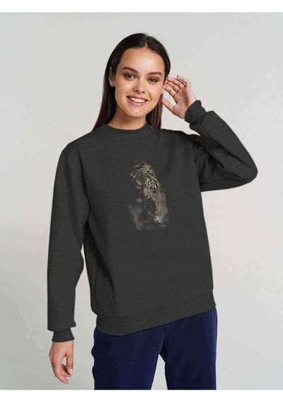 Relaxing Tiger Baskılı Füme Antrasit Kadın Sweatshirt