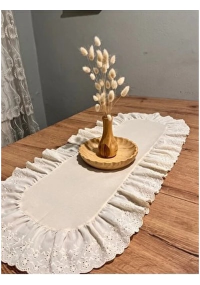 Oval Fırfırlı Naturel Ham Keten Fisto Runner 35 85 Cm Bej