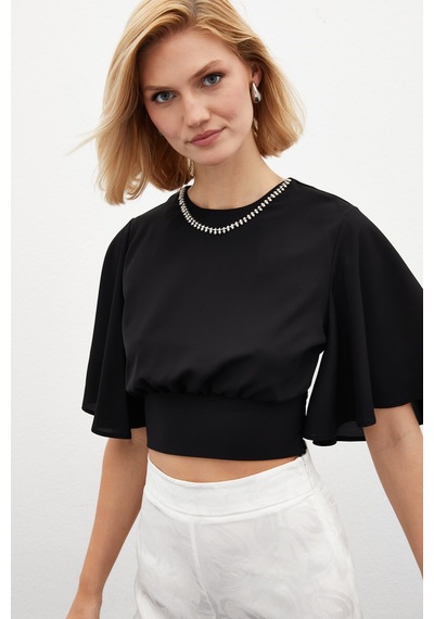 Sateen Kolyeli Kısa Kol Bluz - Siyah