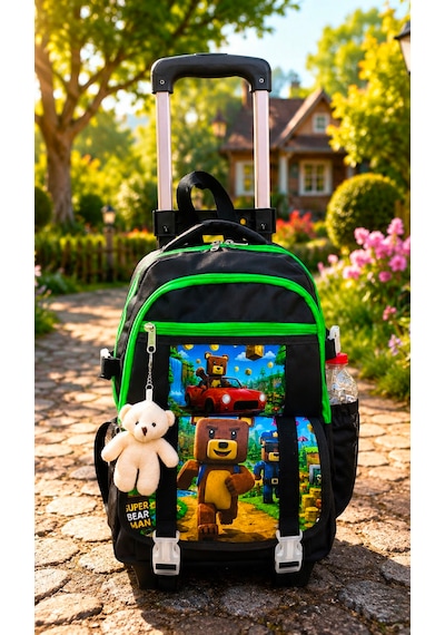 Super Bear Ayıcık Aksesuarlı Beslenme Ve Kalemlikli İlkokul Çekçekli Sırt Çantası Siyah