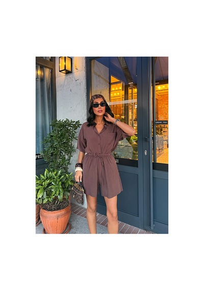 Nido Moda Kadın Cepli Oversize Gömlek Ve Beli Bağcıklı Şort İkili Takım Kahverengi
