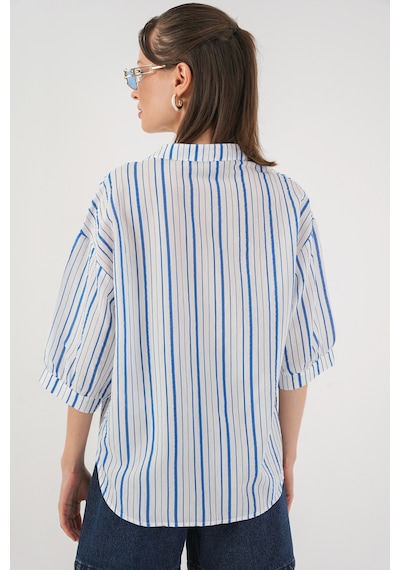 Bigdart Kadın Çizgili Oversize Bluz 967 - Mavi