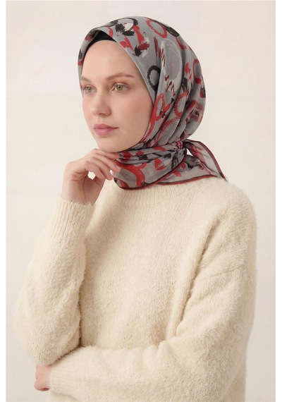 Silk Home Pamuk Karışımlı Eşarp Gri Soyut Geometrik Desenli Soft Dokulu Kaymaz 90x90 Çok Renkli