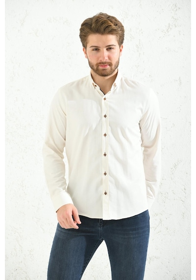 Slim Fit Uzun Kol Oxford Hediye Kutulu Kolay Ütülenebilir Erkek Gömlek - Krem-1507