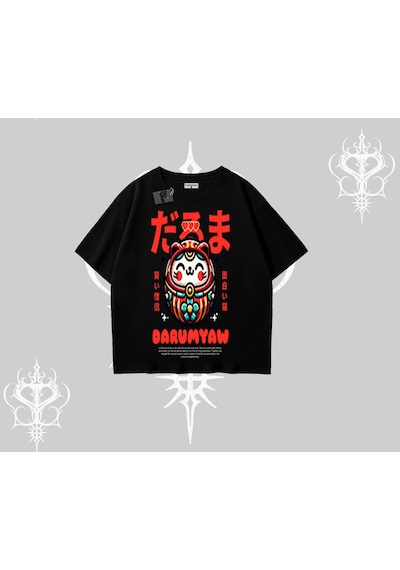 Tarzsokak Oversize Tshirt Daruma Kedi Anime Baskılı Siyah