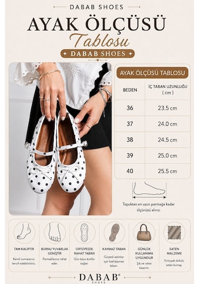 Dabab Shoes Penelop Kadın Beyaz Saten Puantiyeli Fiyonk Detaylı Ayarlanabilir Tokalı Ortopedik Taban Mary Jane Babet Ayakkabı