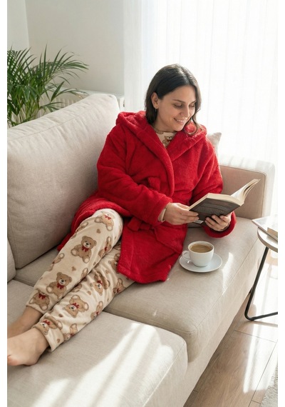 Kapüşonlu Wellsoft Sabahlık & Peluş Bornoz - Yumuşak, Polar Unisex Sabahlık Kırmızı