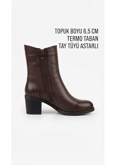 Hakiki Deri Termo Taban Tay Tüyü Astarlı Kalın Topuklu Kadın Bot Kahverengi
