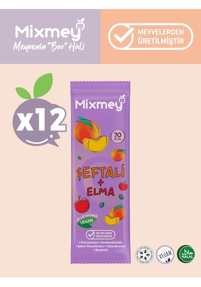 Mixmey Şeftali Meyve Barı 12 Adet | Atıştırmalıklar – Vegan, Glutensiz, Koruyucusuz 20gr X 12 Adet