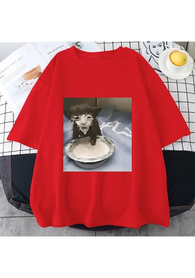 Flood Of Style Süt Yüz Kedi Meme Baskı T Shirt Garip Mizah Komik Kedi Grafik T-shirt Erkek Kadın Hip Hop Pam Kırmızı