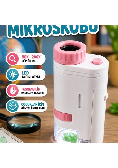 Çocuklar İçin Taşınabilir Led Işıklı Bilim Mikroskobu 80x-200x Ayarlanabilir Büyütme