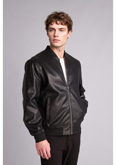 Defacto Slim Fit Kolej Yaka Ribanalı Fermuarlı Suni Deri Bomber Mont Y5367az26aubk27 Siyah-bk27