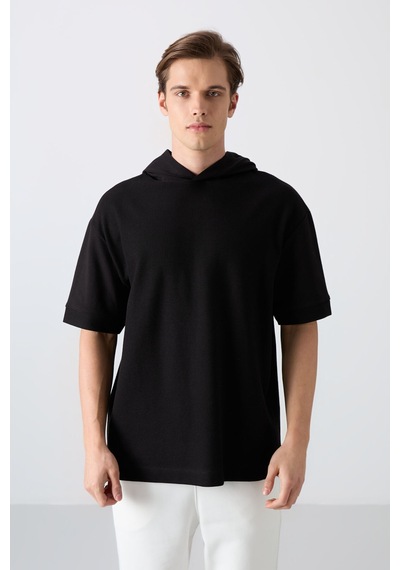 Tommy Life Siyah Pamuklu Kalın Yüzeyi Dokulu Oversize Fit Basic Erkek T-shirt - 88335 Siyah