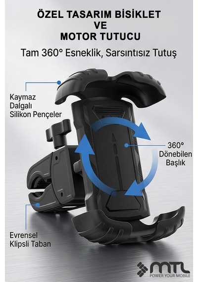 Motosiklet Bisiklet Telefon Tutucu Titreşim Önleyici 4 Köşe Kilit 360 Döner Mt6086 Siyah