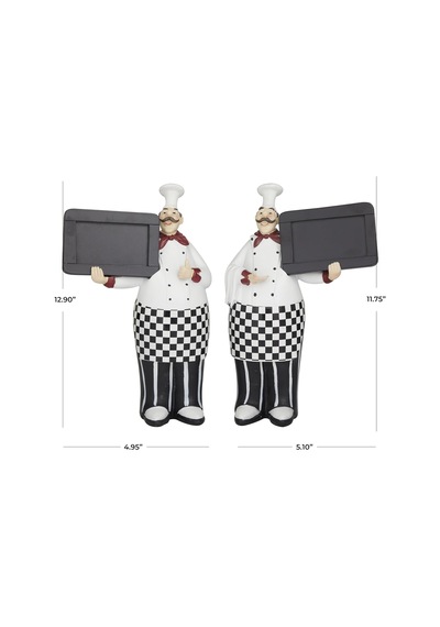 Polystone Şef Heykeli Seti, Kara Tahtalı Dekoratif Heykel, 2'li Set 30cm-33cm, Siyah