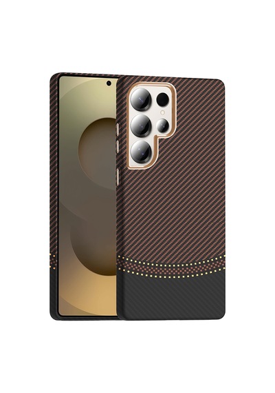 Zore Galaxy S25 Ultra Kılıf M-safe Şarj Özellikli Karbon Fiber Görünümlü Nvth Gros Kapak - Gold-siyah