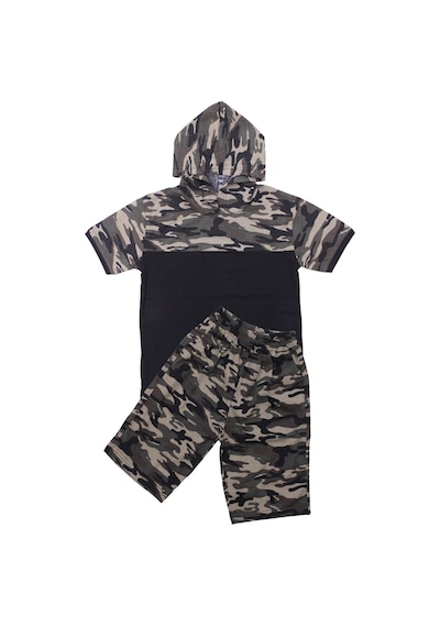 Fyk Kids Erkek Çocuk Kapüşonlu Kamuflaj Desenli Kapri-sweatshirt Alt Üst Takım Haki