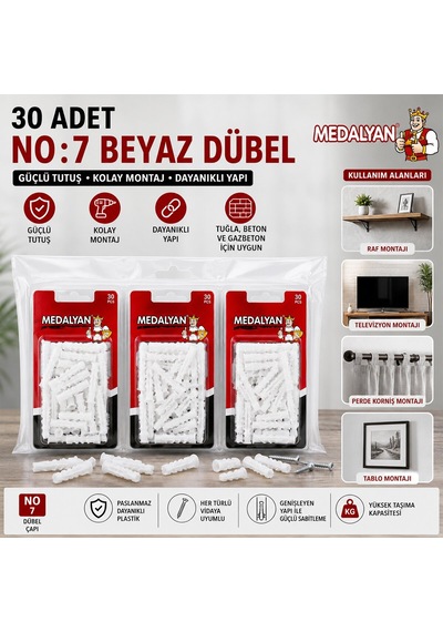 Medalyan Dl-37 Beyaz Plastik Dübel No 7 - 30 Adet- 12'li Paket