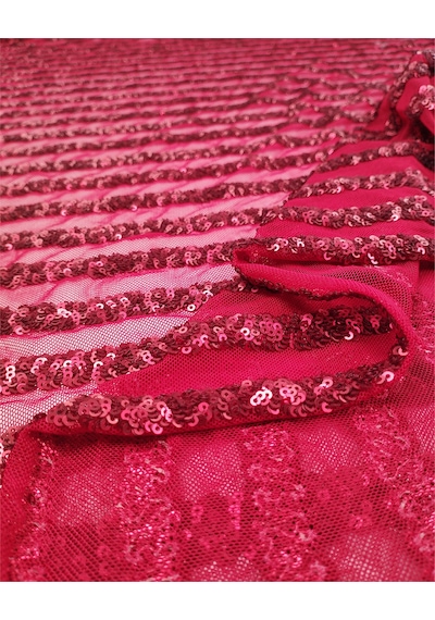 Kırmızı Renkte File Üzeri Enine Pul Payet İşlemeli Kumaş Elbiselik & Bluzluk 125x225cm-12550