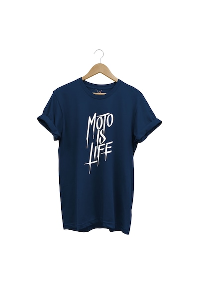 Moto Is Life Baskılı Motorcu %100 Pamuk Regular Fit Bisiklet Yaka Premium Lacivert T-shirt Lacivert