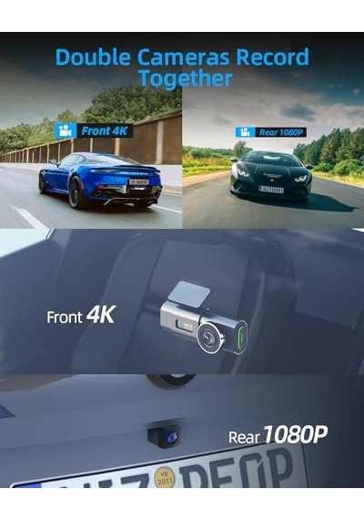 Wifi Dashcam Araç Ön Arka, 4k+1080p, Araç Kamerası, 64g Sd Kartlı Uygulama Kontrolü Araç Kamerası, 170 +140