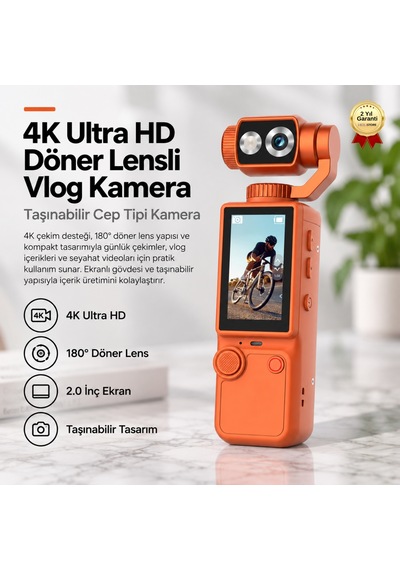 Q8 4k Ultra Hd Döner Lensli Cep Kamerası 2.0 İnç Ekranlı Taşınabilir Vlog Kamera-1759