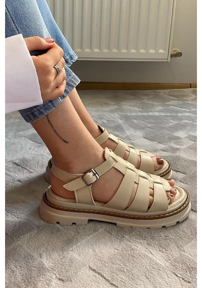 Preshley Kadın Desma Bej Kafes Model Vardola Deyatlı Kalın Taban Ortopedik Sandalet K-140