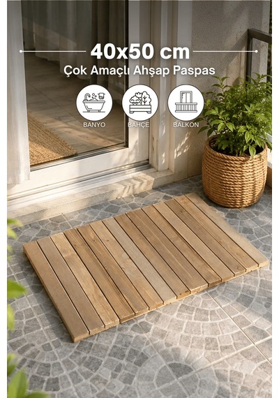 Reyo Ahşap İpli Banyo Paspası, Bahçe Balkon Paspası 40x50cm Kahverengi