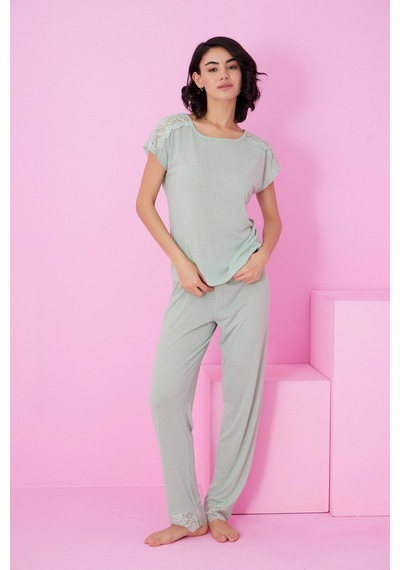 Siyah İnci Soft Touch İnce Mevsimlik Dantel Detaylı Örme Pijama Takım7864 Yeşil