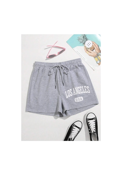 Tarzsokak Letter Graphic Drawstring Waist Track Şort Gri