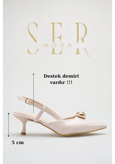 Sermoda Topuklu Kadın Ayakkabı - 5 Cm İnce Topuklu Sivri Burun Kadın Stiletto Ayakkabı Ten Rugan Ten Rengi