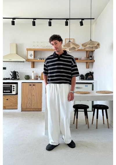 Flaw Bel Lastikli Keten Baggy Pantolon Beyaz Beyaz