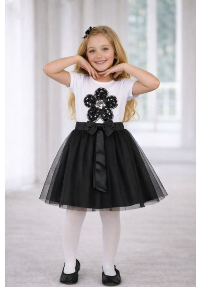 Dıgıl Kids Kız Çocuk Çiçek Desenli T-shirt Etek Takım Siyah1