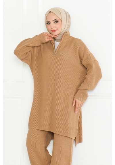 Fermuarlı Tunik Pantolon Triko Takım 1126 - Vizon