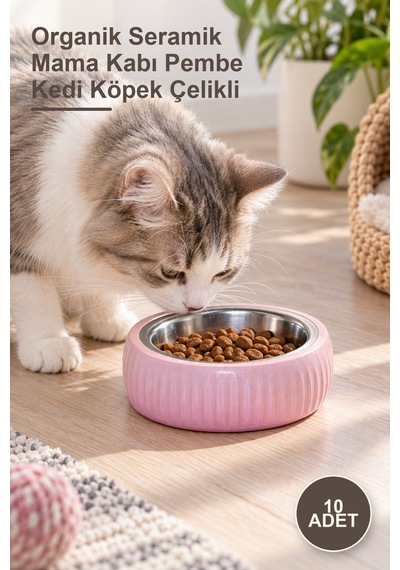 10 Adet Organik Seramik Mama Kabı Pembe Kedi Köpek Çelikli