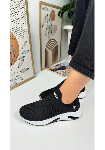 Günlük Unisex Sneaker Slip-on Nefes Alabilen Hafif Yürüyüş Bağcıksız Esnek Spor Ayakkabı 041f Siyah-beyaz