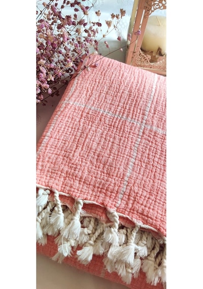 Çizgili Çift Kişilik Organik Müslin Pike 185x220cm Oeko-tex Standard 100 Sertifikalı Nar Çiçeği