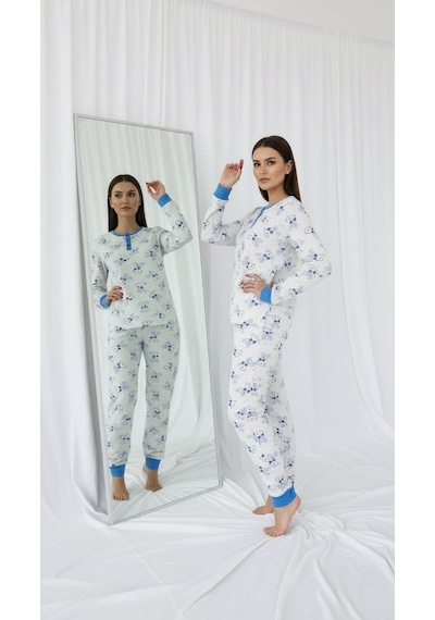 Divinus Tavşan Desenli Patlı Beyaz/mavi Kadın Pijama Takımı Beyaz - Mavi