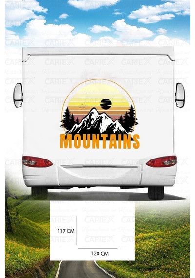 Karavan Kamp Baskı Sticker - Dağ Ve Güneş Sticker - Ağaç Ve Kuş Sticker - 120x116 Cm