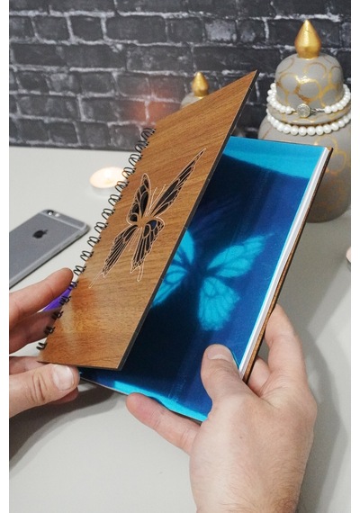 Kelebek Desenli Ahşap Defter - Ajanda - Günlük - Çizgisiz Defter Ahşap Rengi Cevzi Resim Defteri