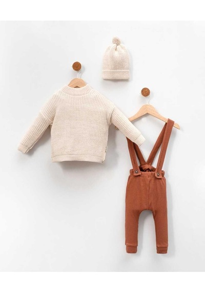 Bebicix Triko Kazak Oversize Esnek Salopet Bereli Unisex Bebek Takım Kahverengi