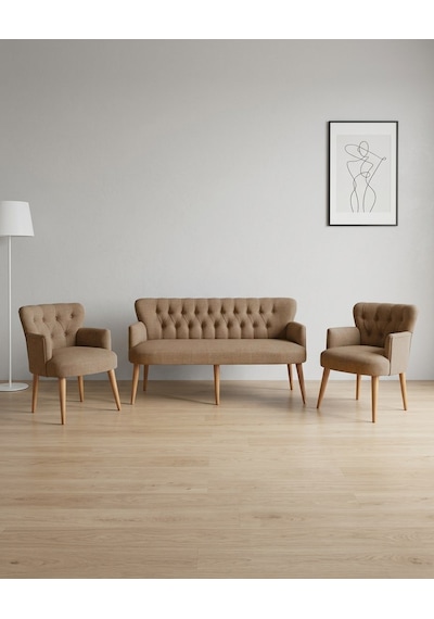 Roma 3+1+1 Keten Kumaş Balkon Ofis Çay Seti Bekleme Koltuk Takımı - Ahşap Ayak - Kahverengi