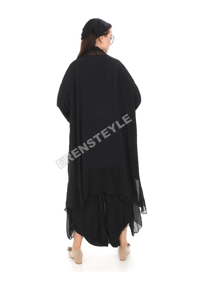 Italyan Ipek Detaylı Oversize Kap Bluz- Asimetrik Pantolon Takım Siyah