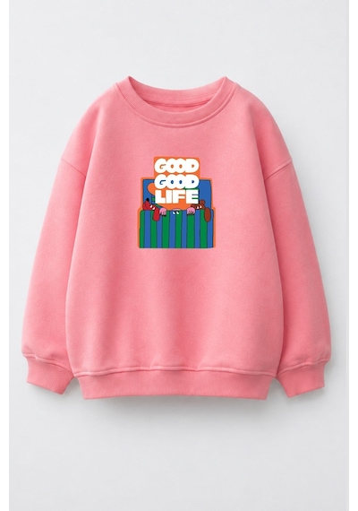 Monila Unisex Çocuk 3 İplik Kumaş Pamuklu Baskılı Sweatshirt Pembe