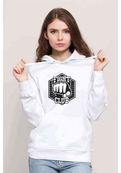 Yumruk Fight Clup Baskılı Beyaz Kadın Kapşonlu Sweatshirt