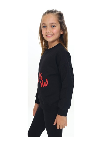 Toontoy Kız Çocuk Regular Fit Bisiklet Yaka Düşük Omuz Baskılı Sweatshirt - 2 İplik Siyah