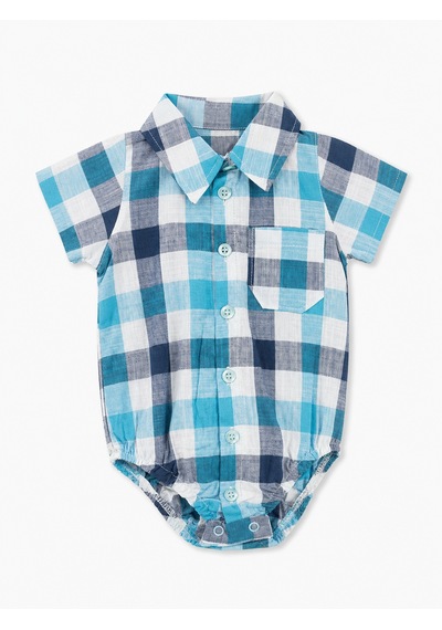 Babyhola Erkek Bebek Çıtçıtlı Gömlek Badi Poplin Kumaş Kısa Kollu Şık Tulum 3503 Mavi